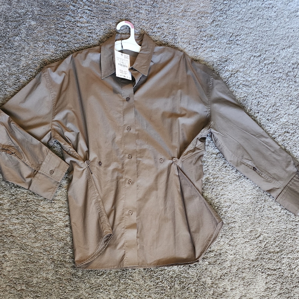 Zara New With Tags Brown/green Adjustable Oversized Button-Up Shirt Size L